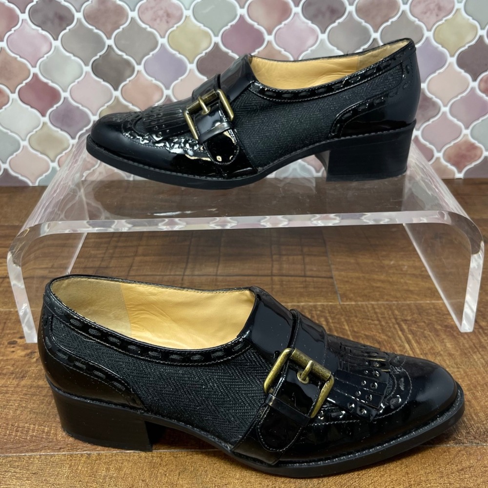 Black Patent Leather and Herringbone Textile‎ Heeled Loafer Kiltie Buckle 6.5